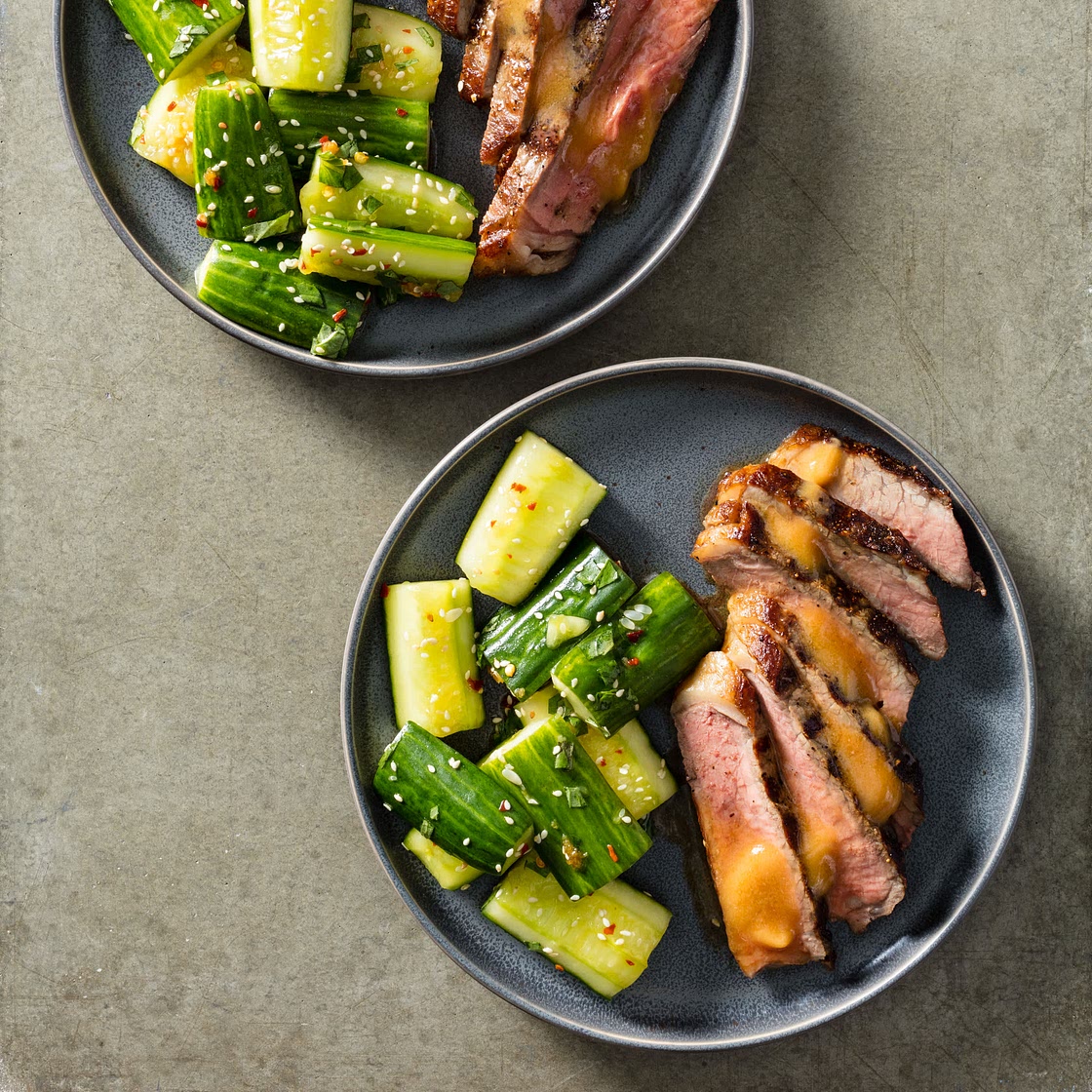 Grilled Strip Steaks with Smashed Cucumber Salad