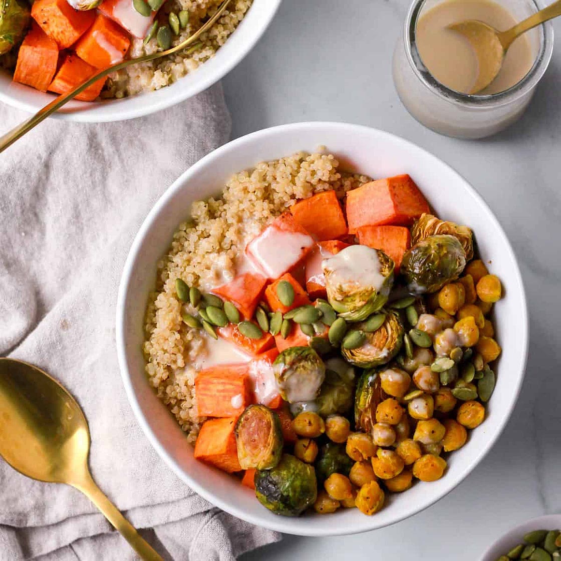 High-Protein Sweet Potato and Chickpea Quinoa Bowls