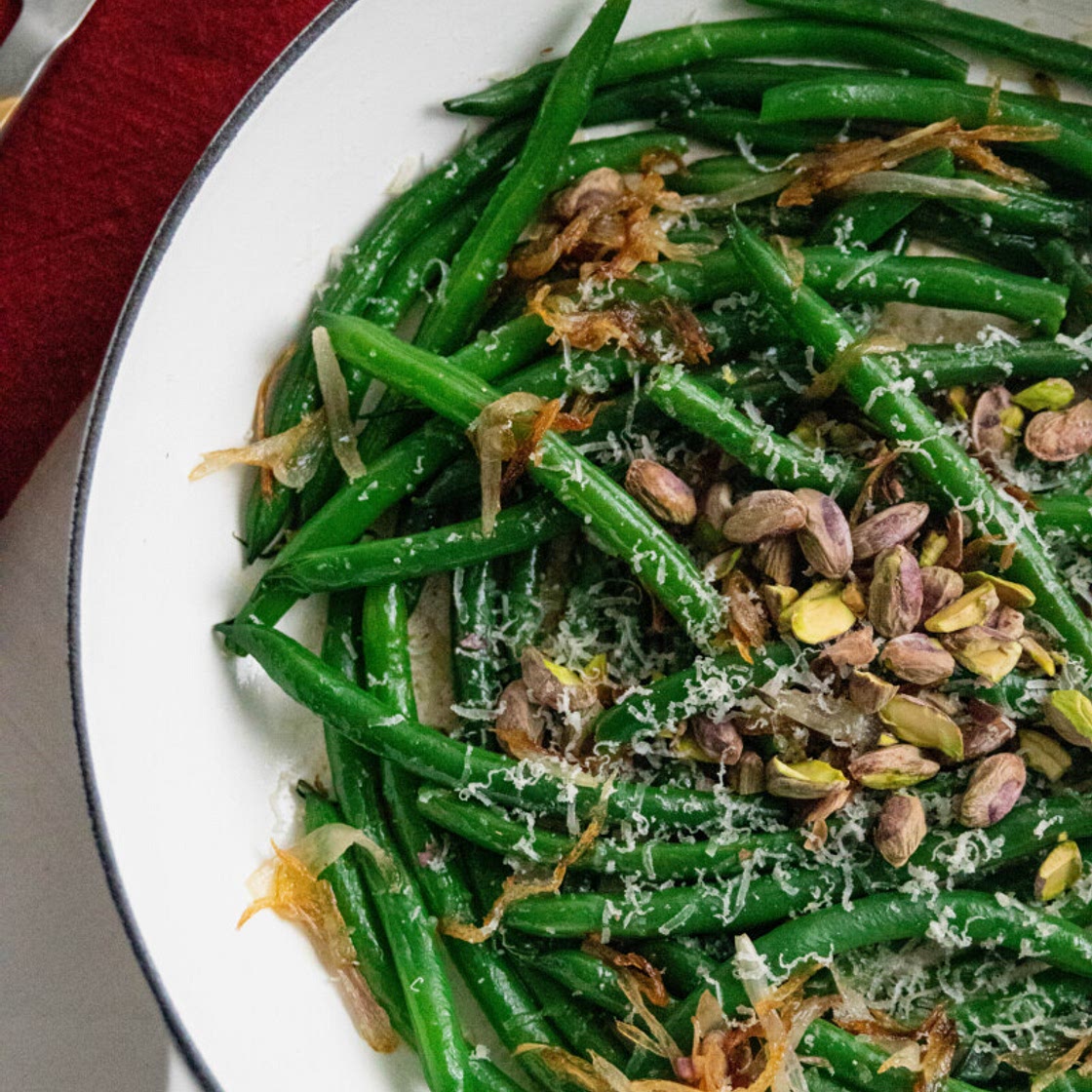Green Beans with Caramelized Shallots & Pistachios