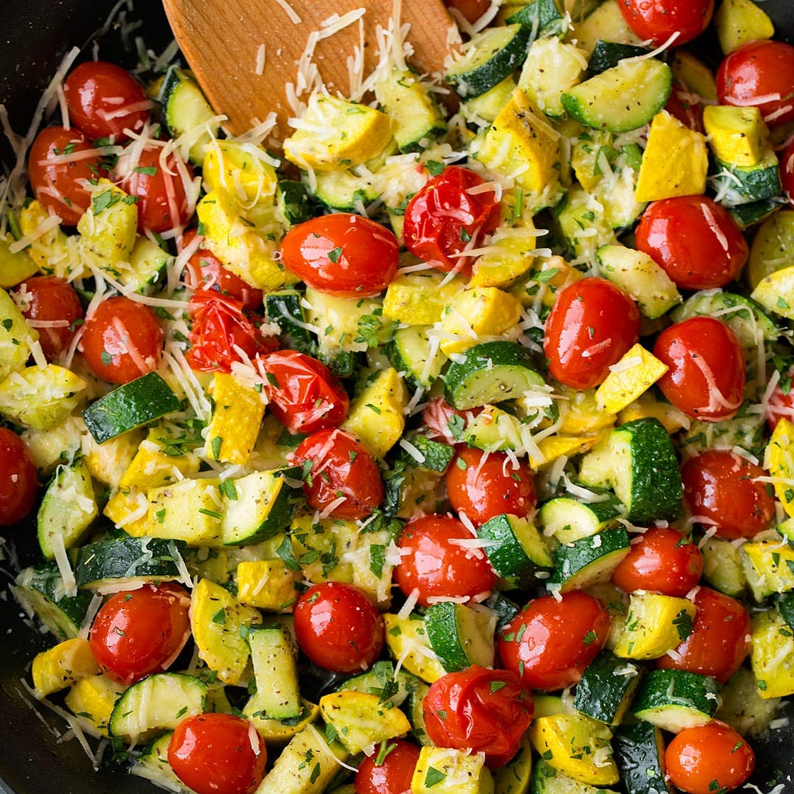 Sauteed Garlic-Parmesan Zucchini Squash and Tomatoes