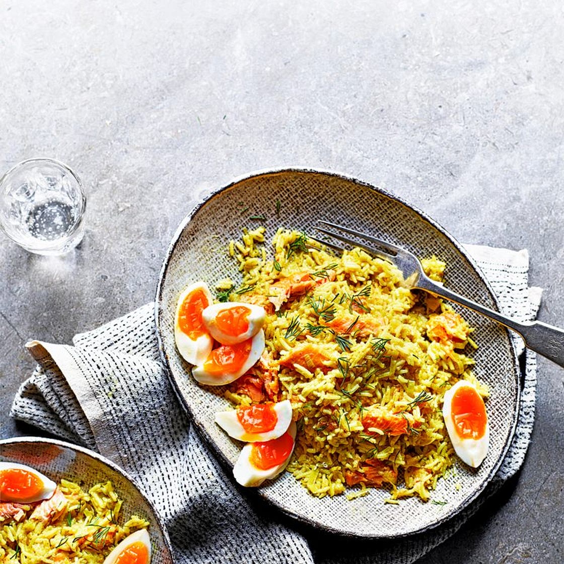 Buttery leek and smoked trout kedgeree