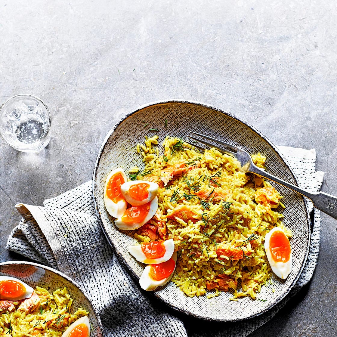 Buttery leek and smoked trout kedgeree