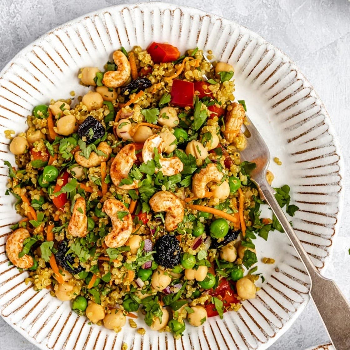 Vibrant Curry Cashew Chickpea Quinoa Salad