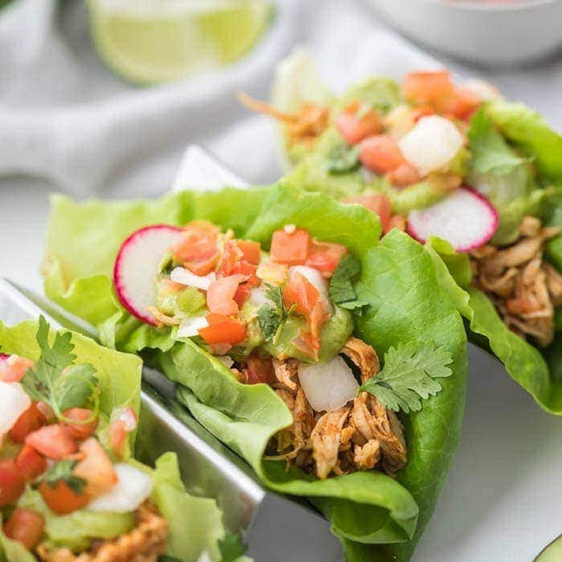 Chicken Tacos in Lettuce Wraps with Avocado Crema (Paleo, Whole30, Low Carb)