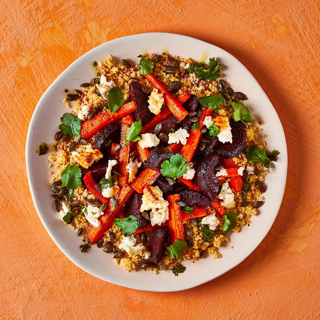 Roasted Rainbow Veg With Feta And Harissa Couscous