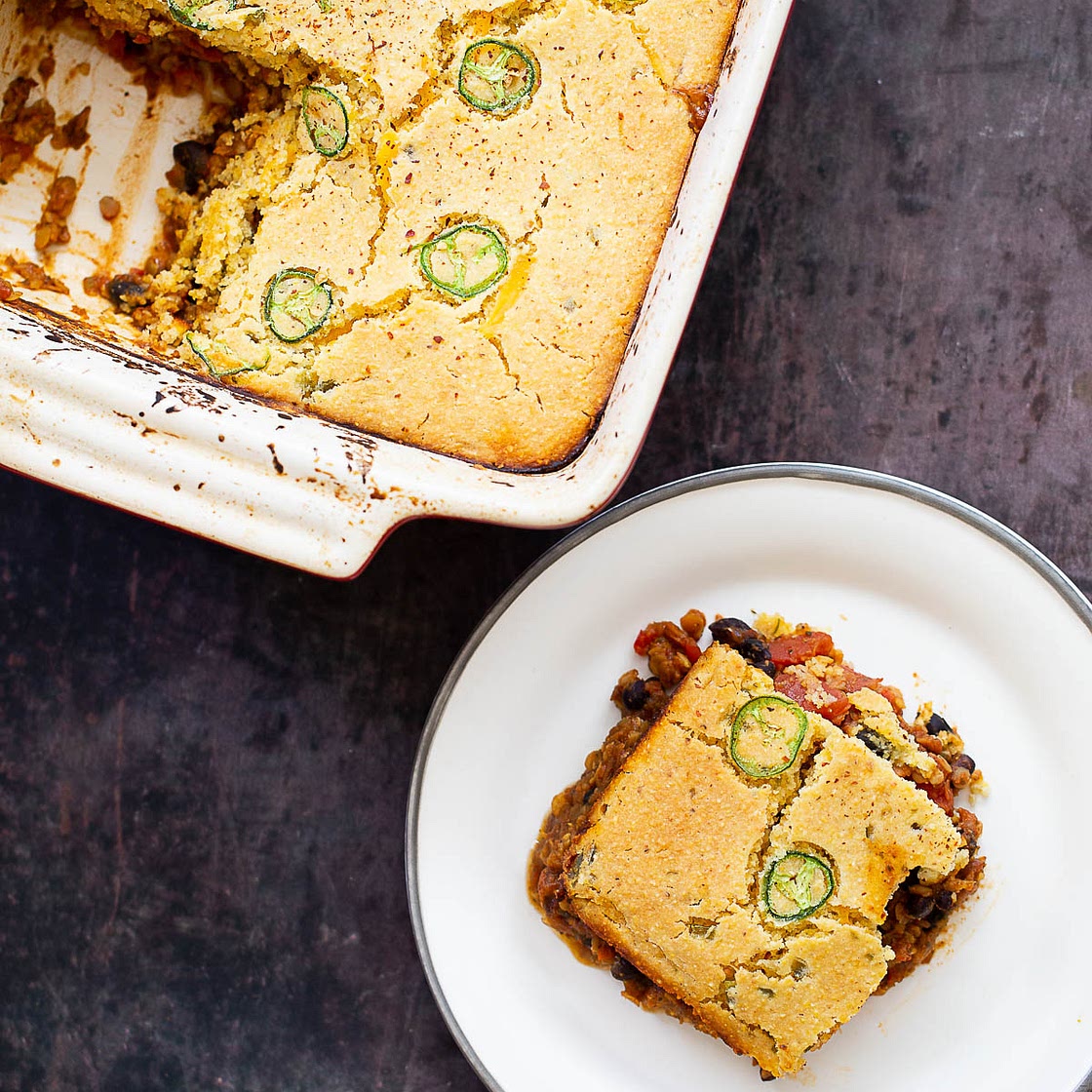 Vegan Jalapeno Chili Cornbread Casserole
