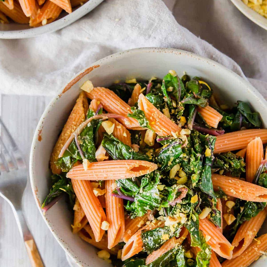 Red Lentil Pasta with Lemon Garlic Greens