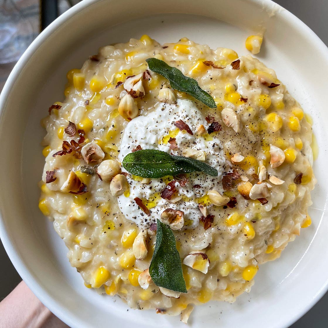Sweet Corn Risotto with Crispy Sage, Pancetta and Burrata