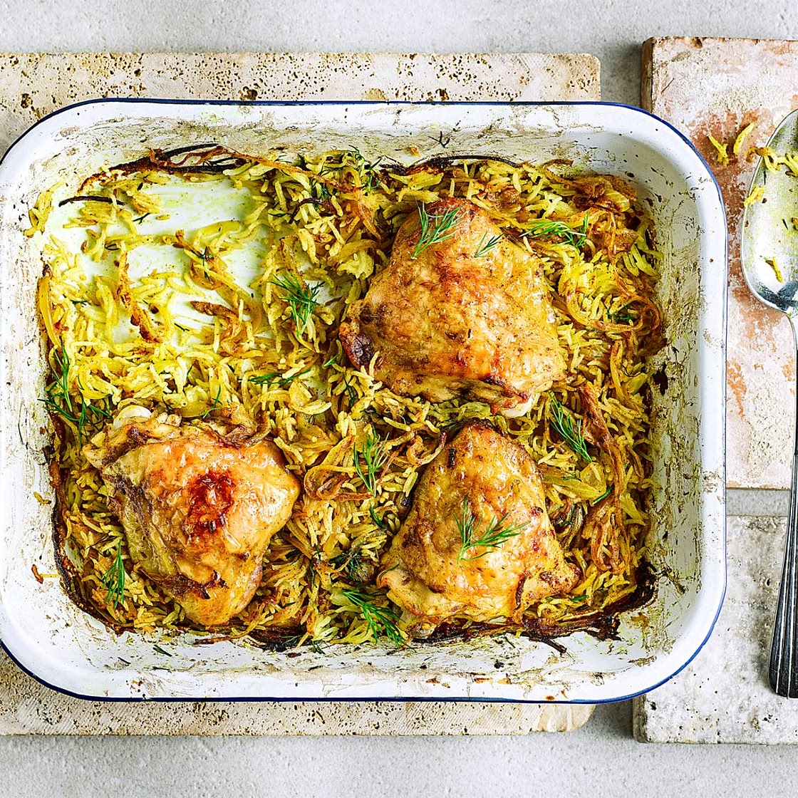 Healthy chicken pilaf traybake