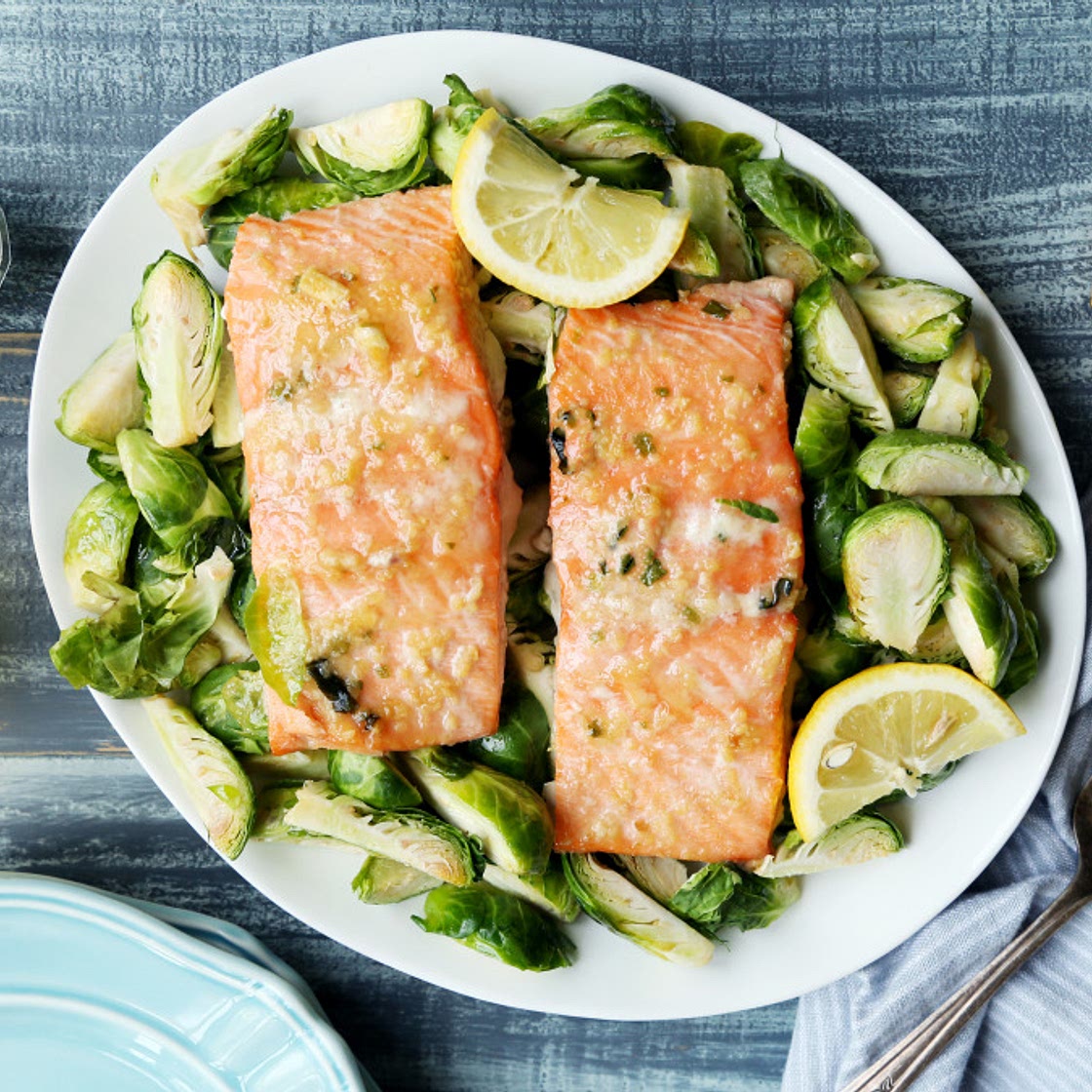 Air Fryer Miso Glazed Salmon With Brussels Sprouts