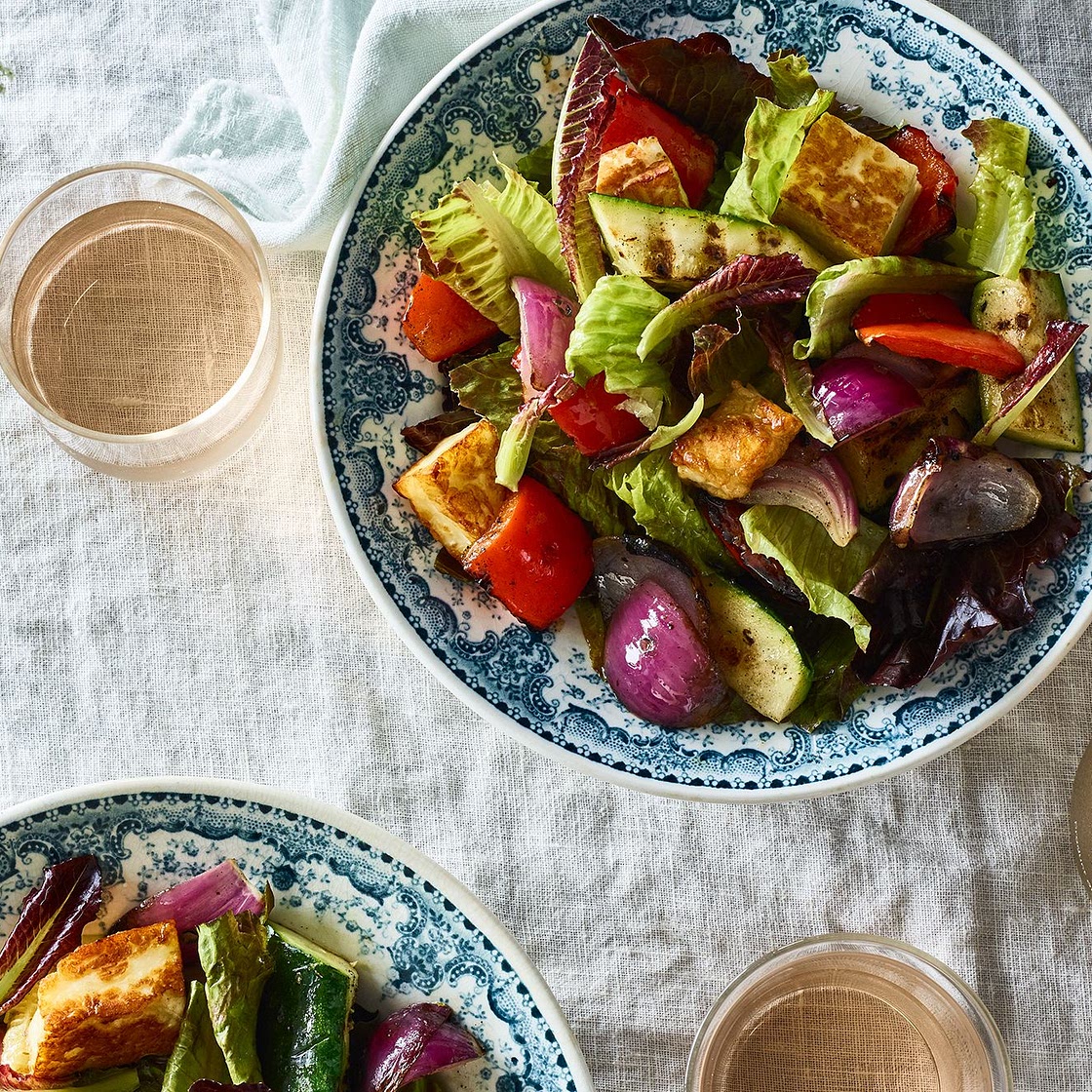 A Salad of Grilled Vegetables over Crisp Lettuce with Halloumi Croutons