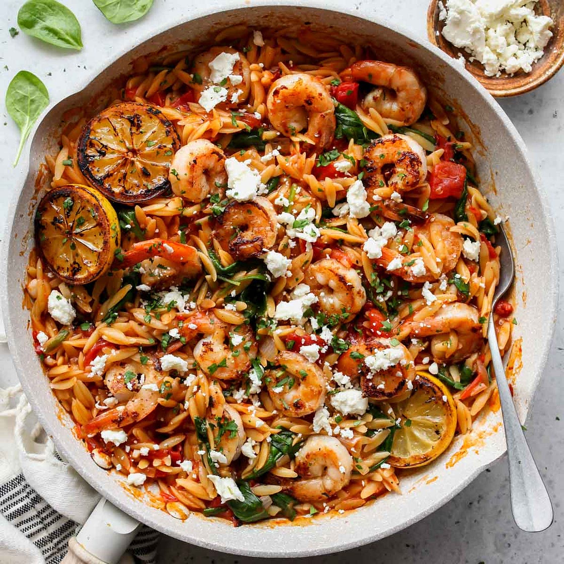 One Pot Harissa Shrimp and Feta Orzo
