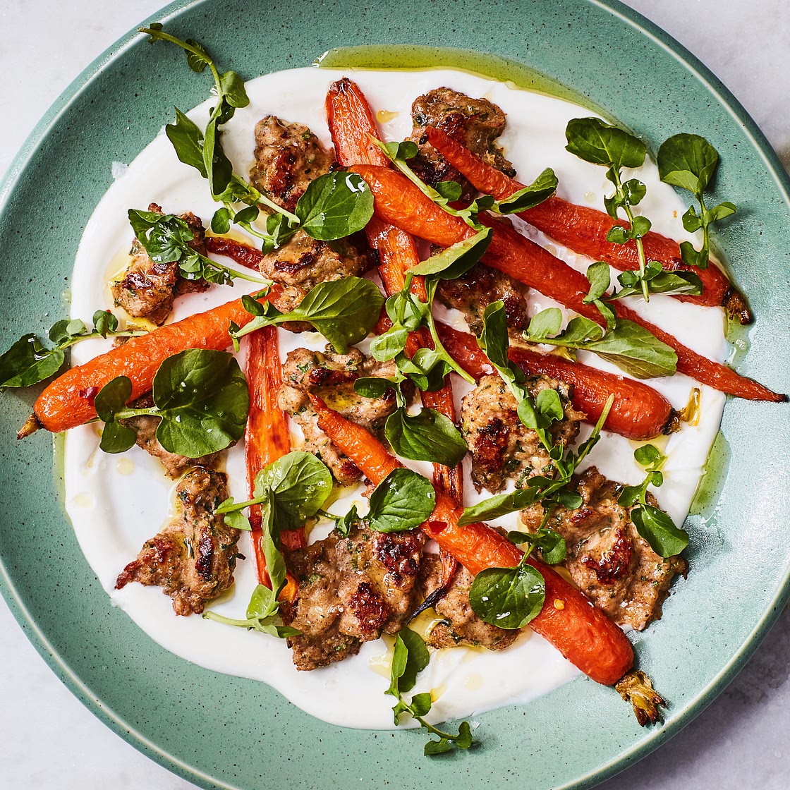 Freeform Chicken Meatballs With Roasted Carrots