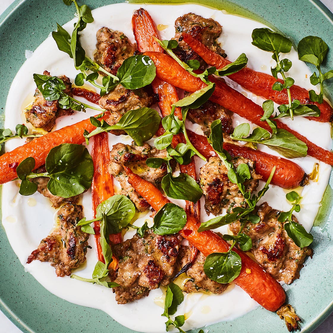 Freeform Chicken Meatballs With Roasted Carrots