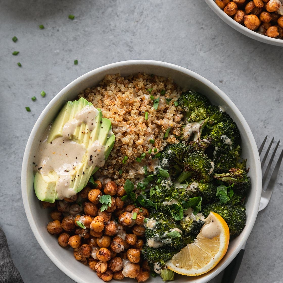 Crispy Quinoa Chickpea Bowls with Roasted Broccoli and Meyer Lemon Tahini Sauce