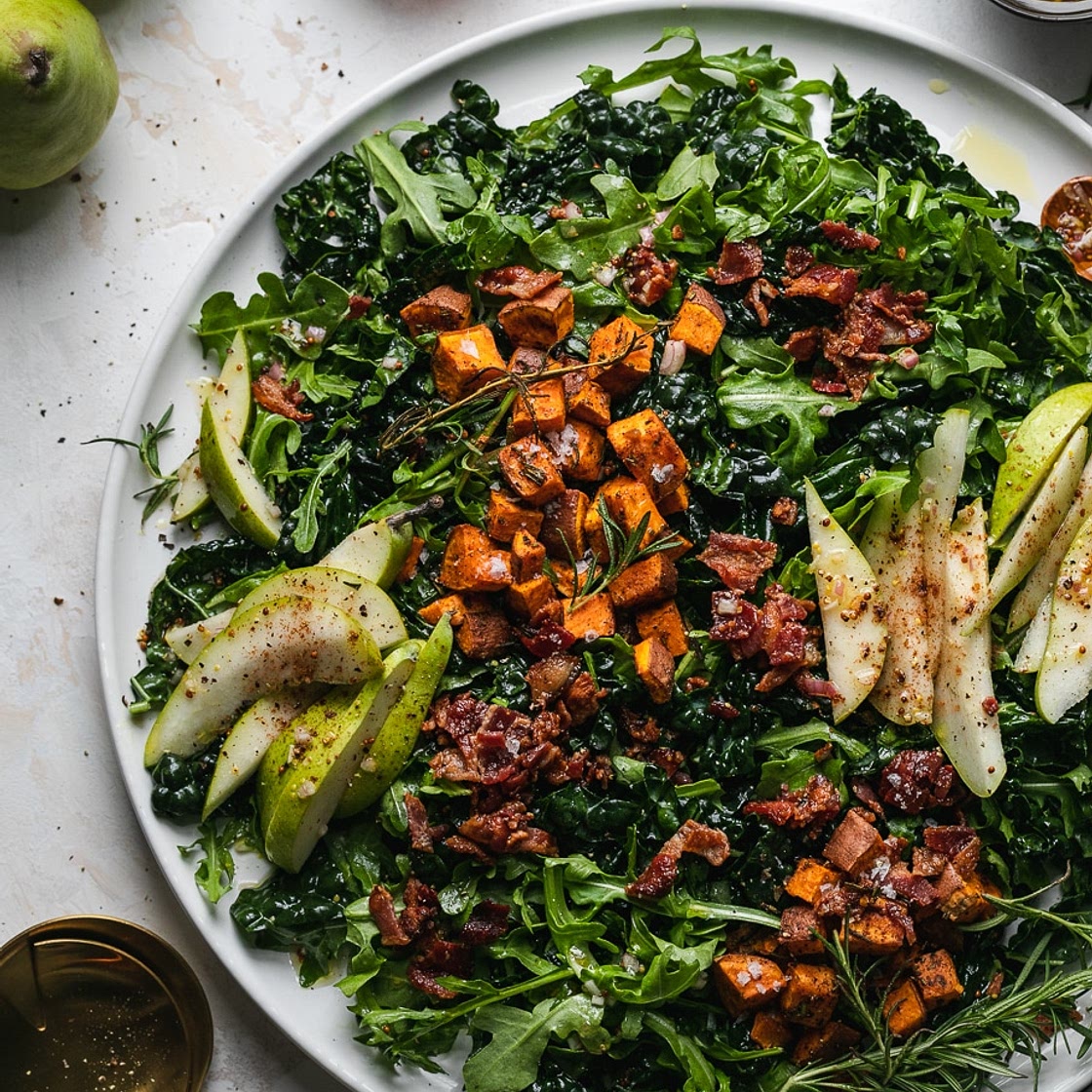 Winter Salad with Rosemary Sweet Potatoes, Bacon, and Pear