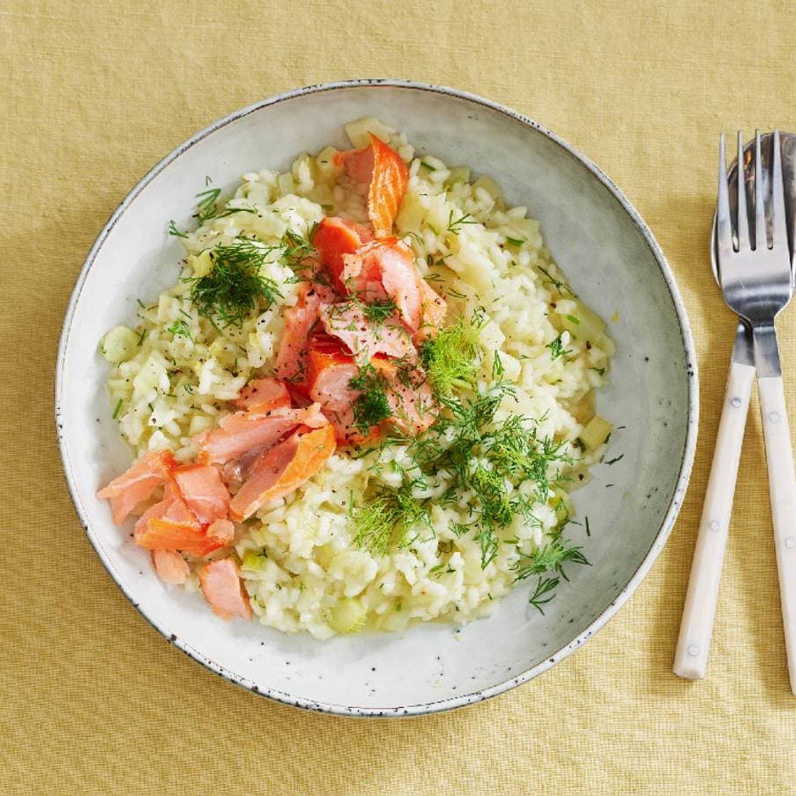 Venkelrisotto met venkel en warmgerookte zalm