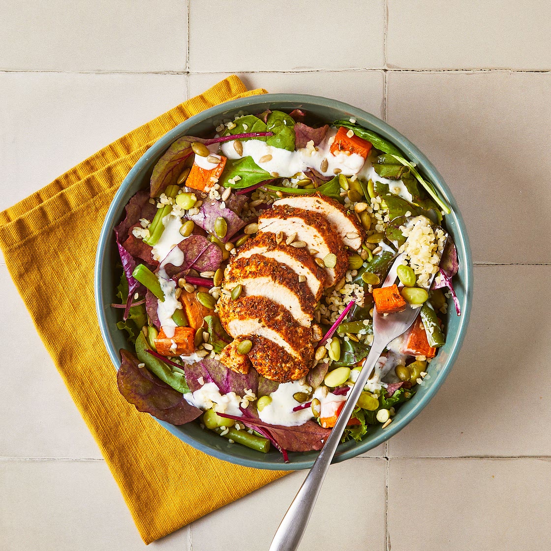 Spicy Chicken, Roasted Sweet Potato & Greens Grain Bowl