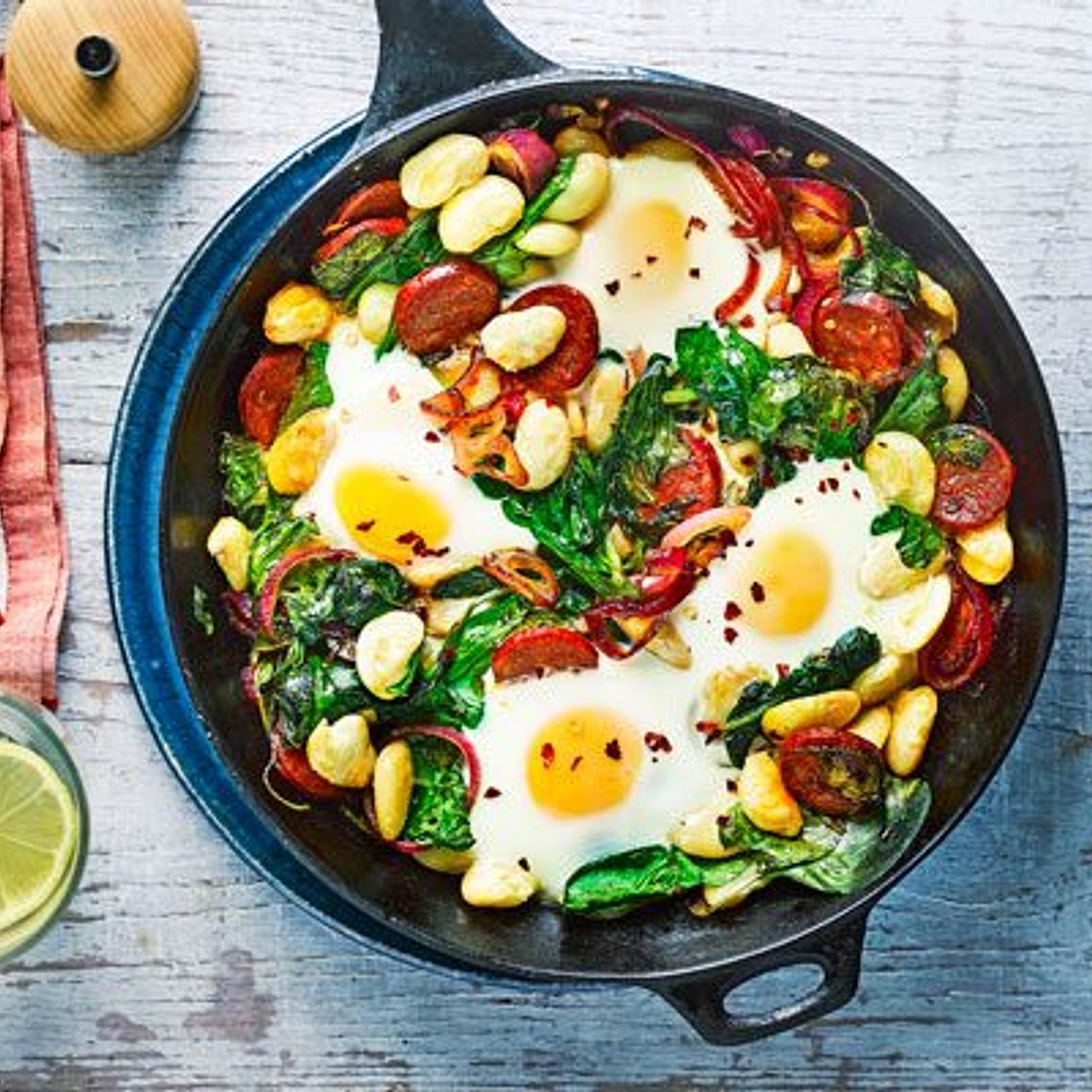 Butter bean, chorizo & spinach baked eggs