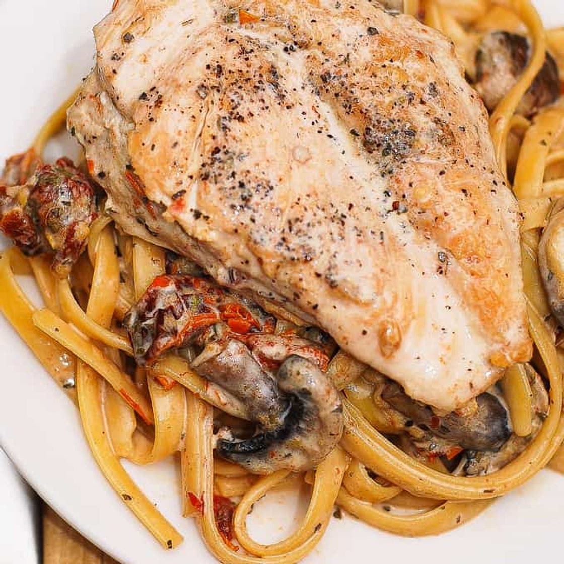 Chicken Breasts with Creamy Mushroom and Sun-Dried Tomato Pasta