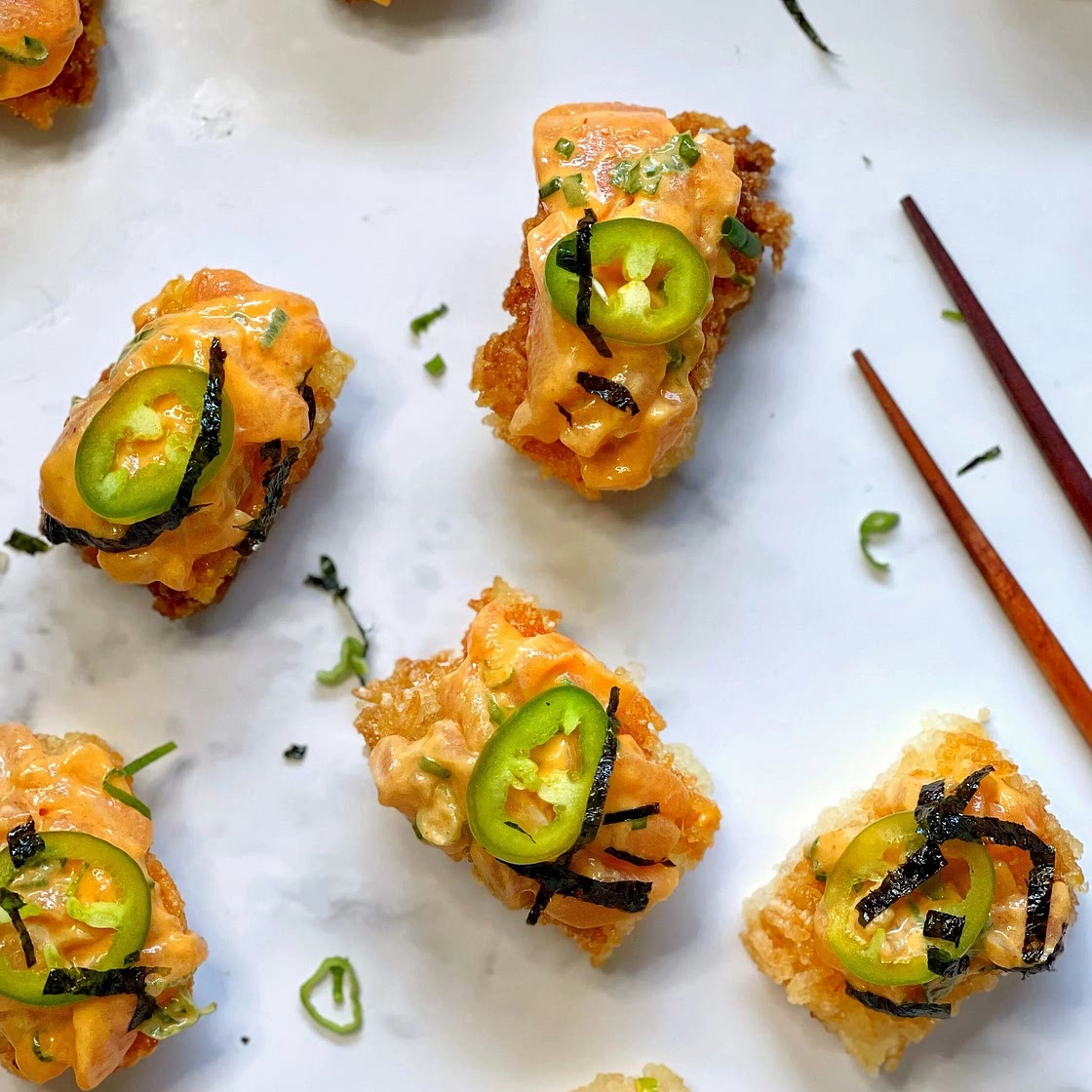 Crispy Rice Spicy Salmon Bites — Pete Eats