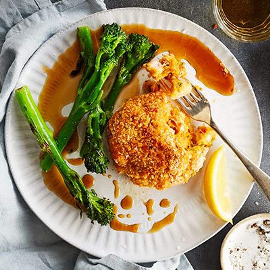 Spicy sweet potato fishcakes with charred greens