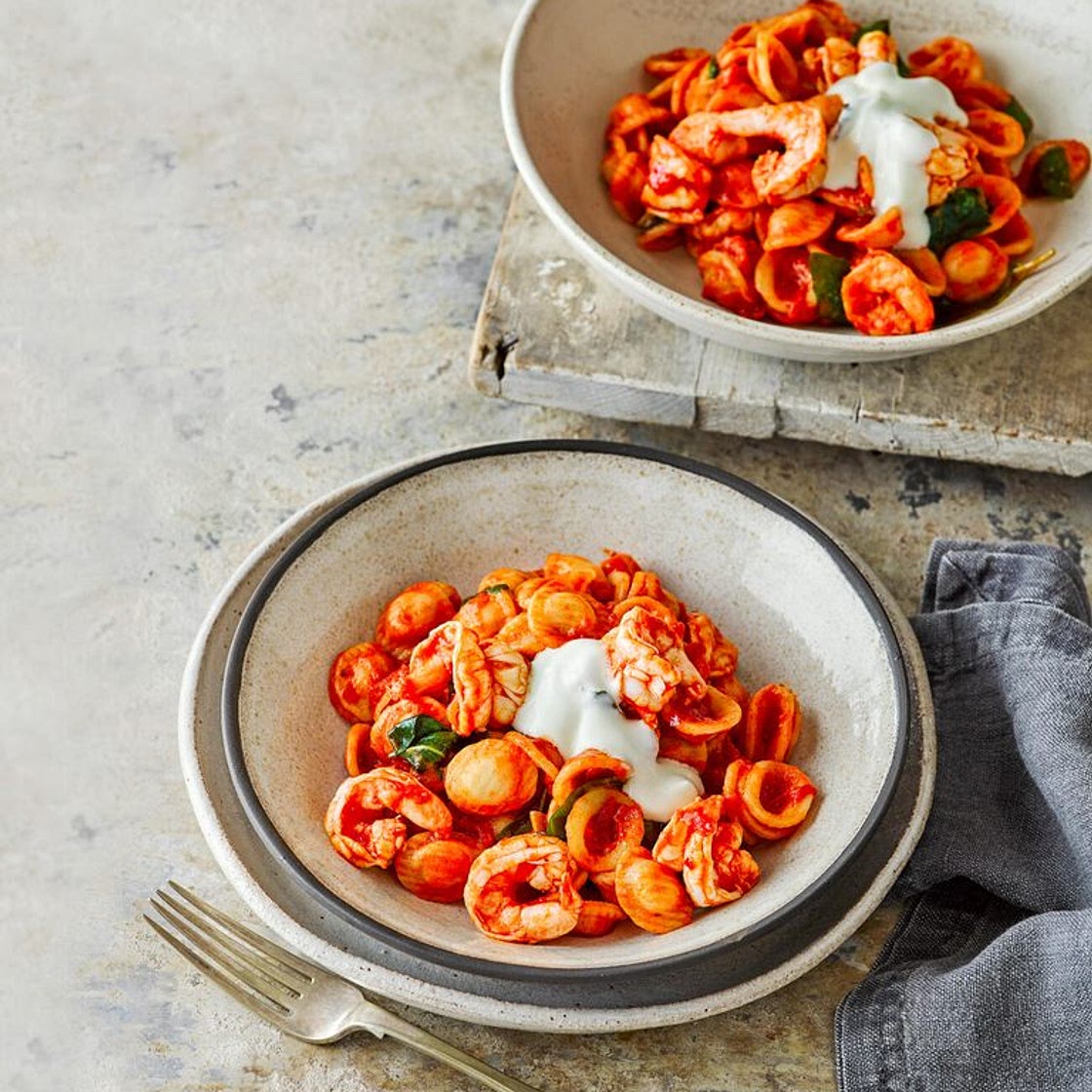 Prawn, basil and harissa pasta