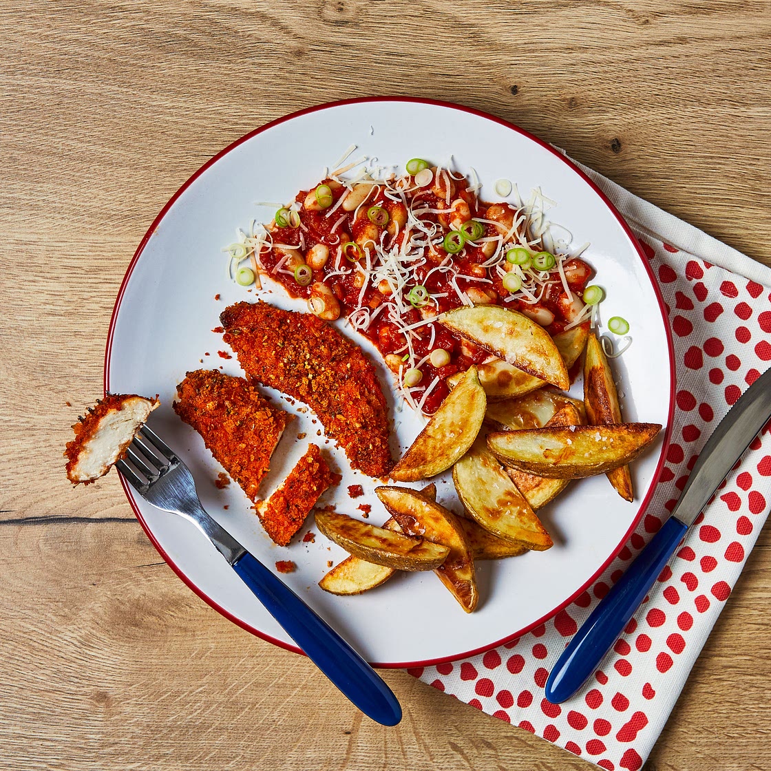 Homemade Chicken Goujons & Cheesy Beans