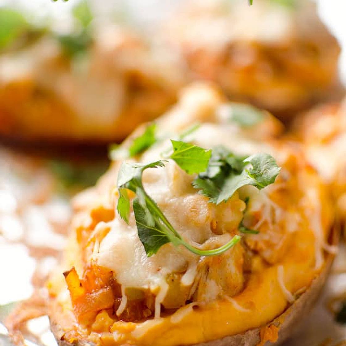 Twice Baked Buffalo Chicken Sweet Potatoes