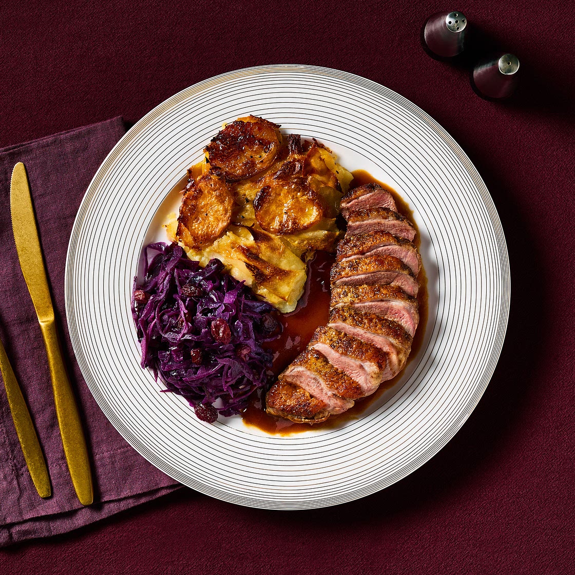 Duck Breast, Braised Red Cabbage, Potato & Parsnip Gratin