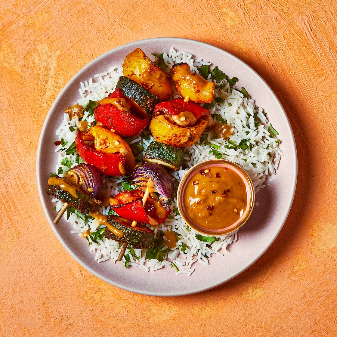 Roasted Veg Skewers With Coriander Rice & Satay Sauce
