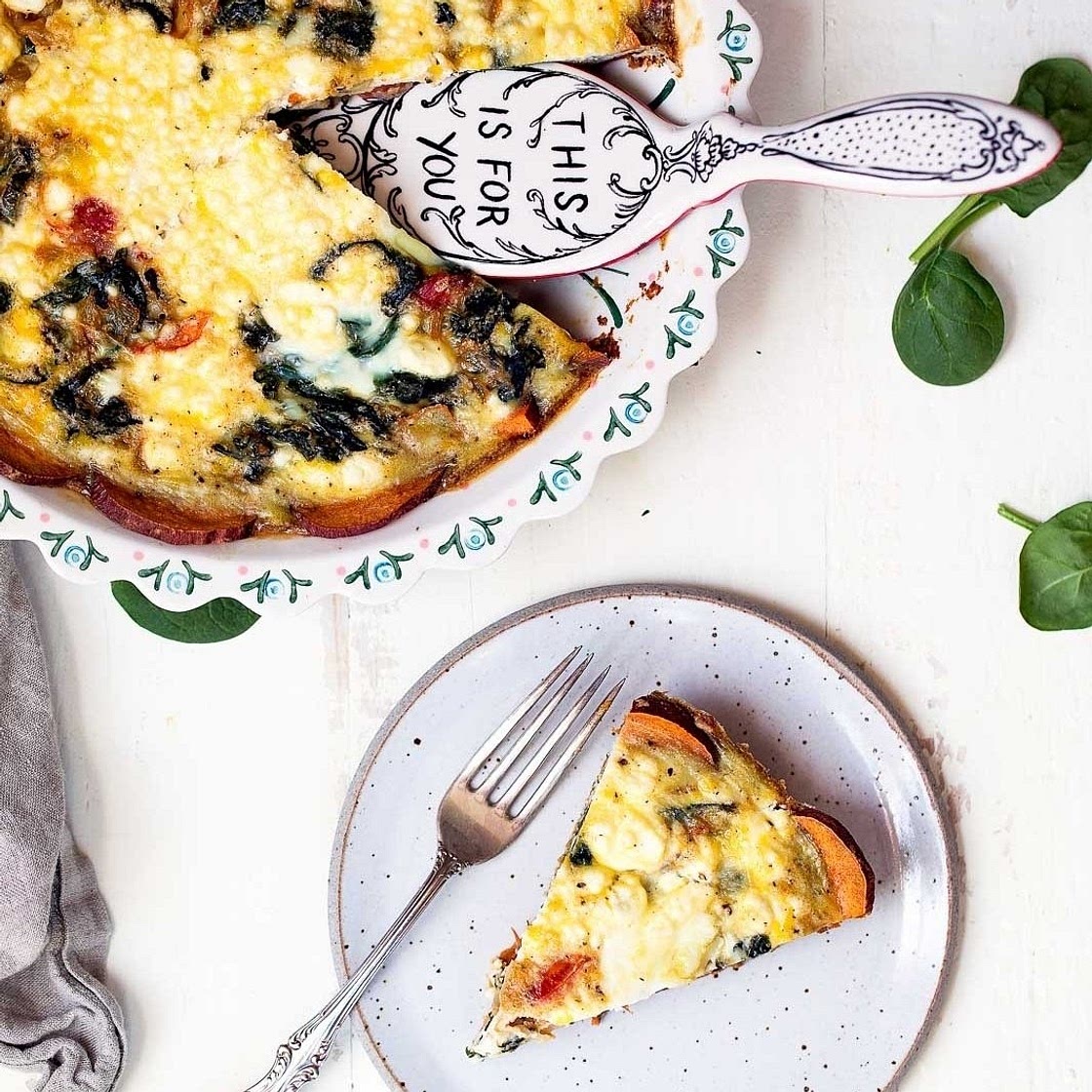 Spinach & Goat Cheese Quiche with Sweet Potato Crust