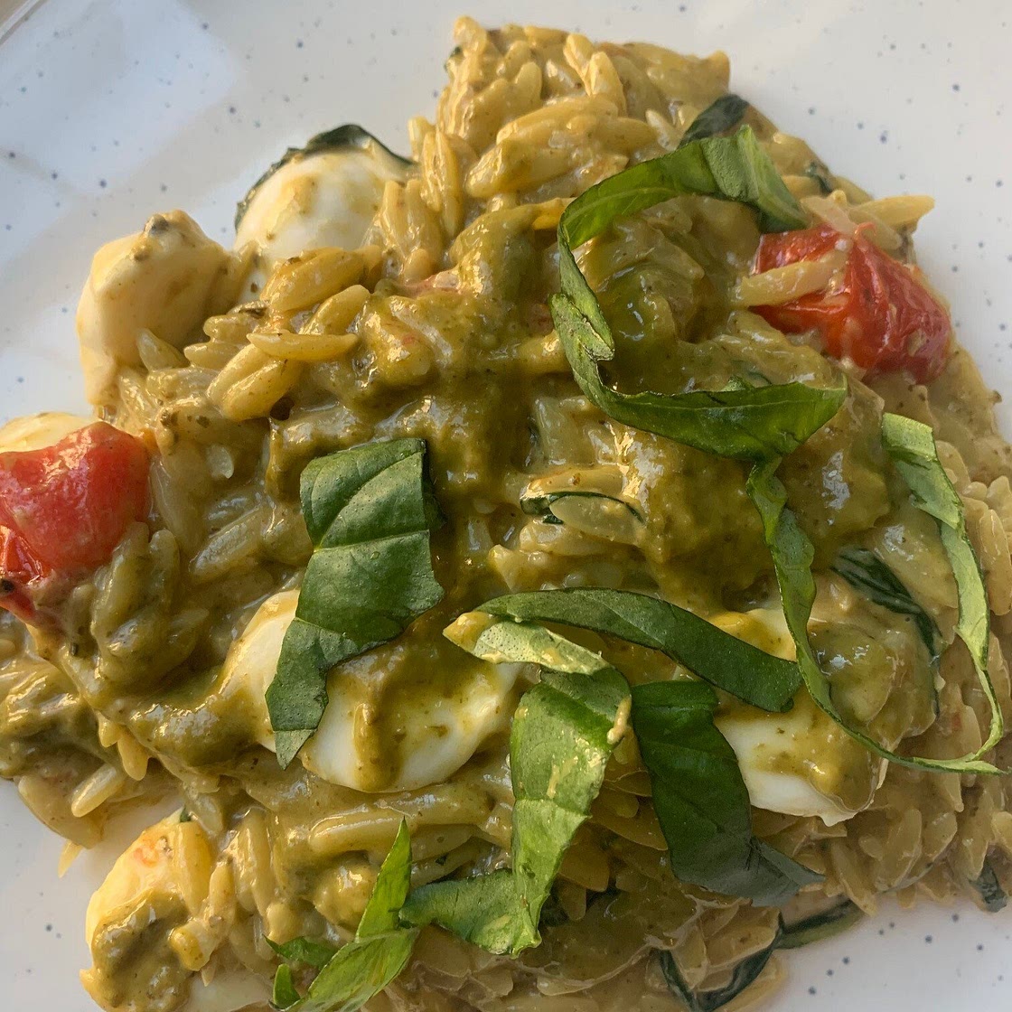 One Pan Pesto Caprese Orzo