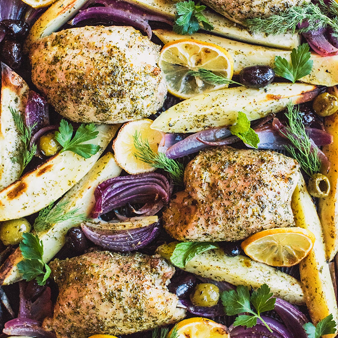 Sheet Pan Greek Chicken with Sweet Potatoes, Red Onion & Olives