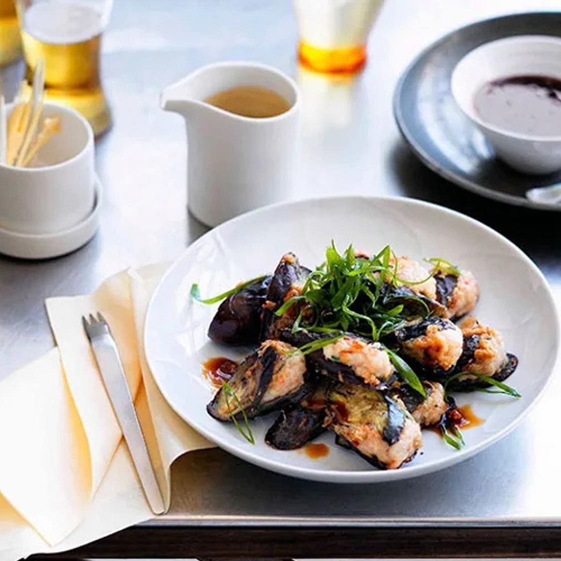 Hakka-style eggplant with prawn filling