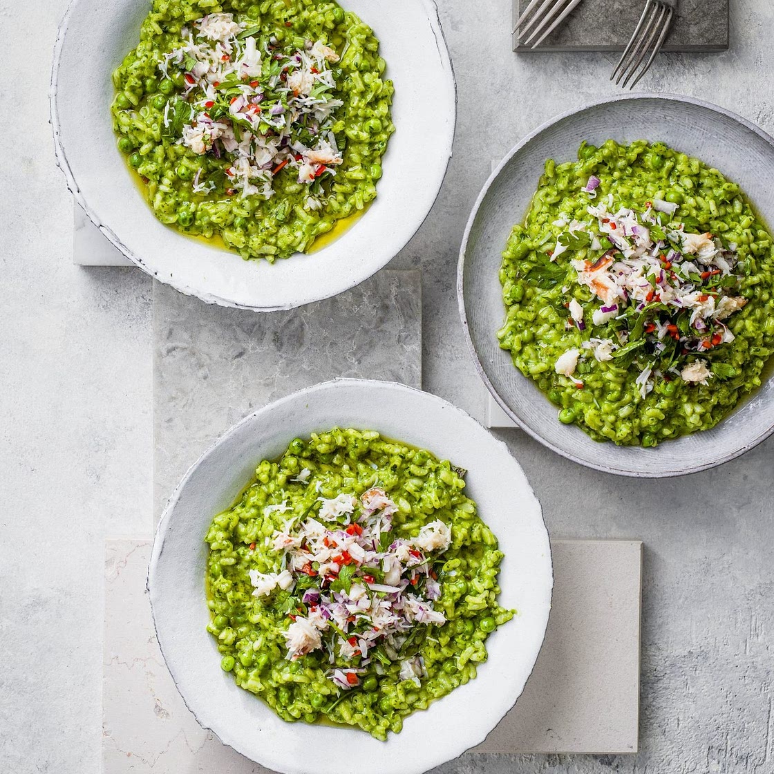 Pea, spinach and crab risotto