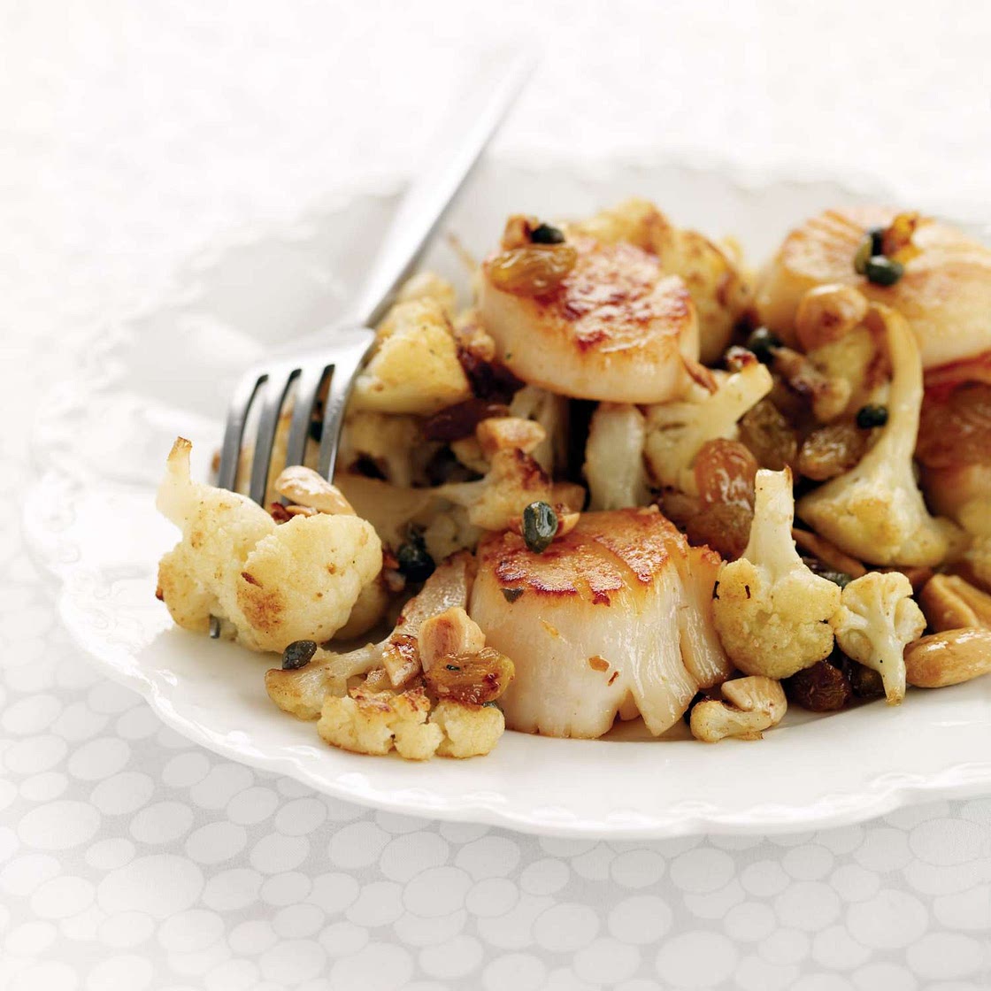 Seared Scallops with Cauliflower, Capers and Raisins