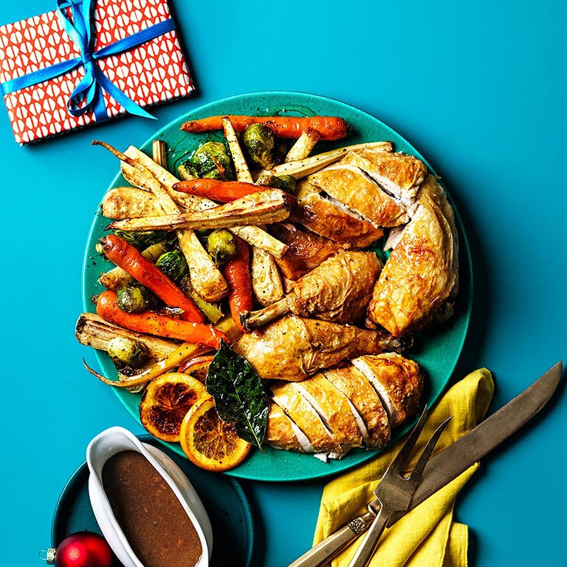 Quick roast Christmas chicken & sticky veg