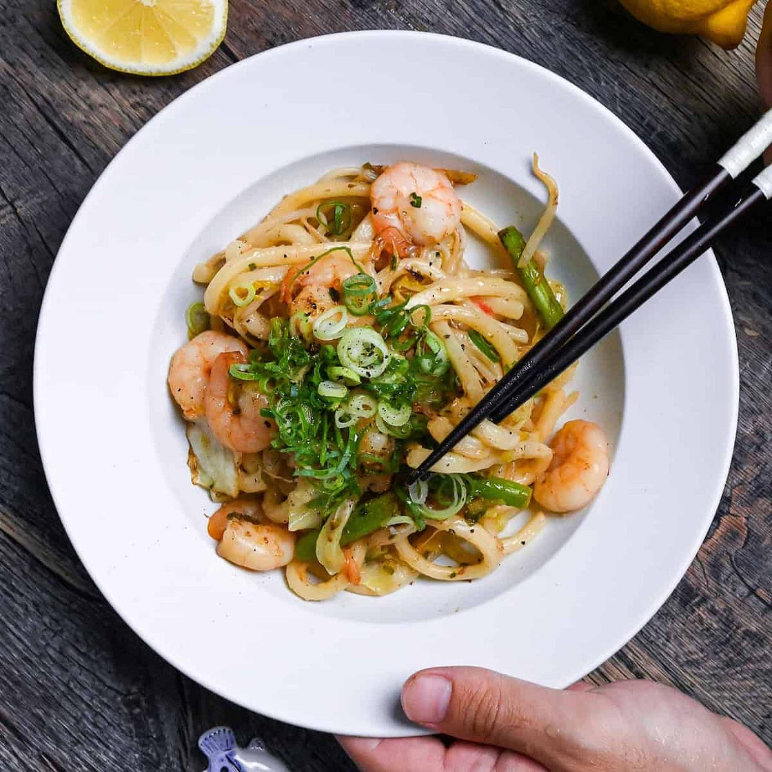 Shrimp Yaki Udon with Salt Lemon Sauce