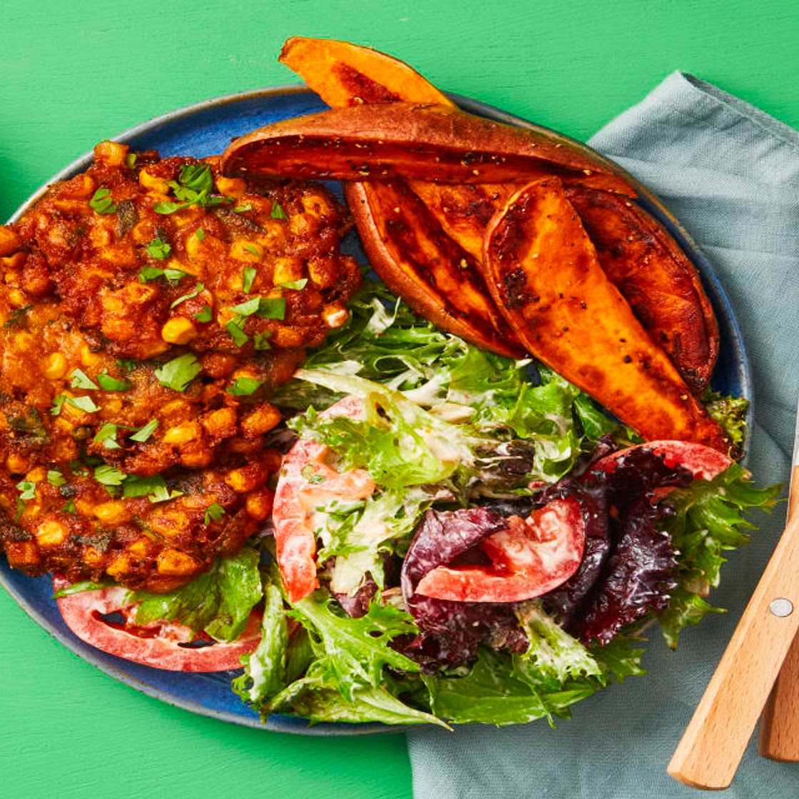 Crispy Southwest Corn Fritters plus Sweet Potato Wedges & a Side Salad with Smoky Ranch Dressing