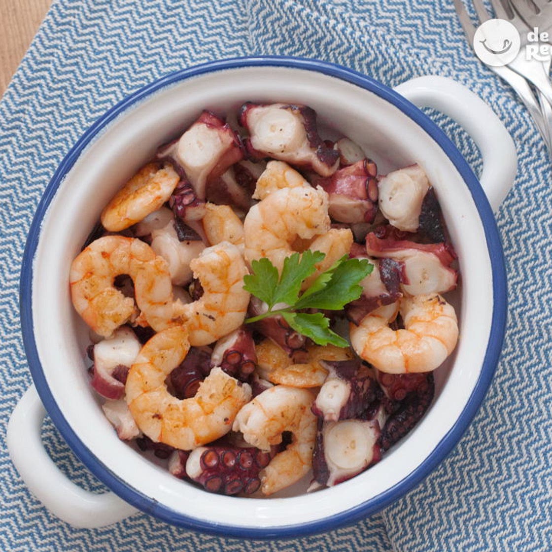 Pulpo con gambas al ajillo