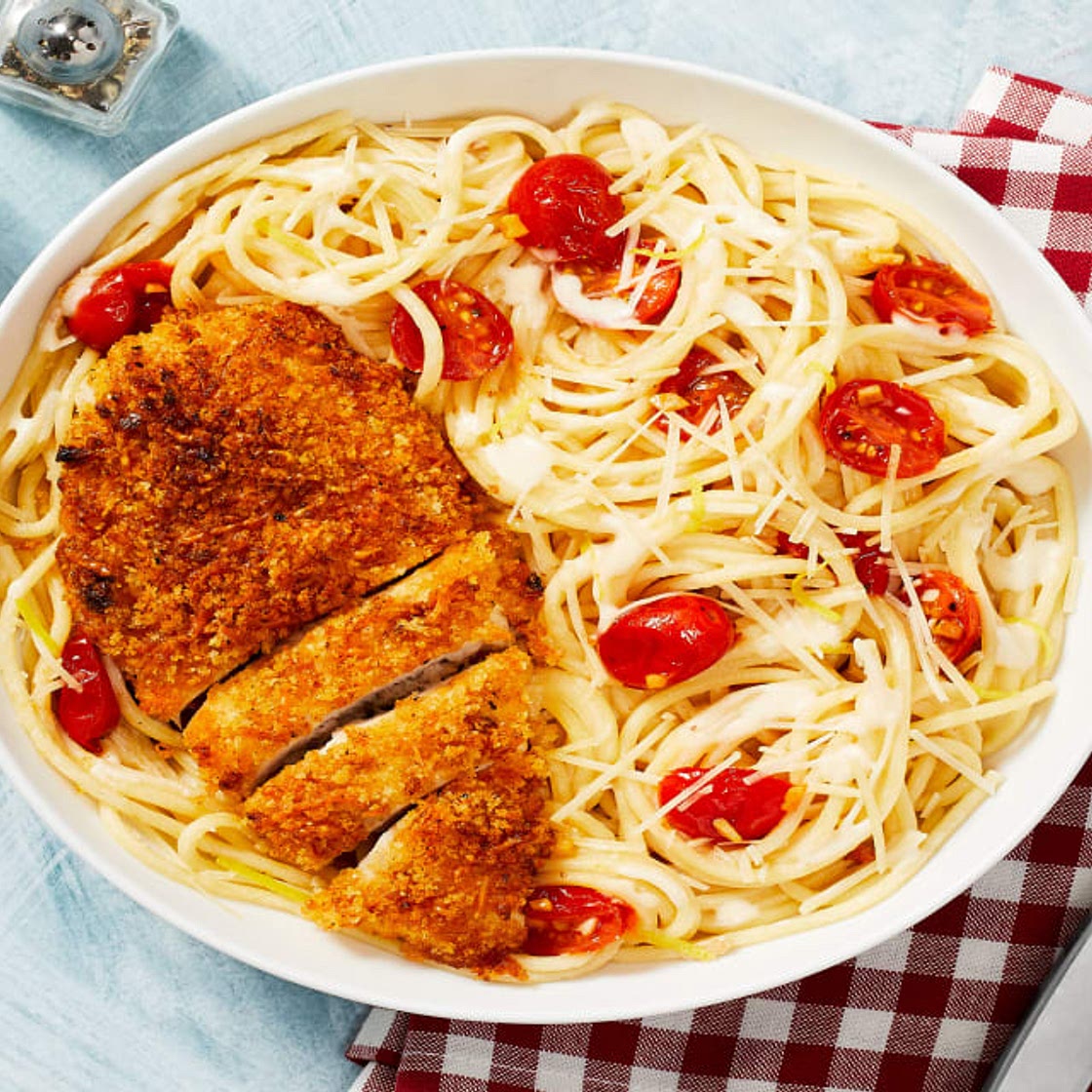 Parmesan-Crusted Chicken with Creamy Lemon Tomato Spaghetti