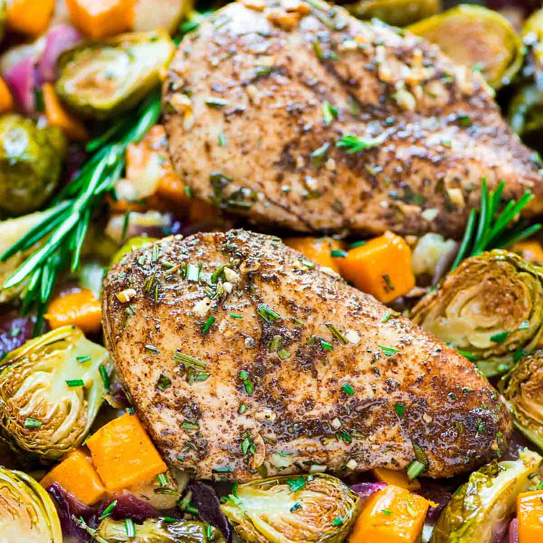 Sheet Pan Chicken with Sweet Potatoes Apples and Brussels Sprouts