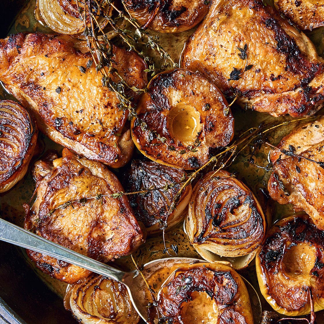 Cider-Braised Chicken With Apples, Onions & Thyme