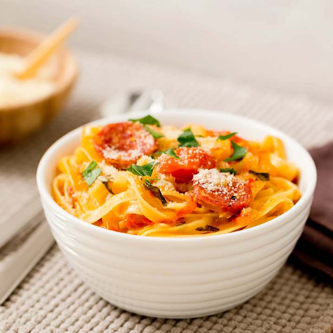 Creamy tomato and salami fettuccine