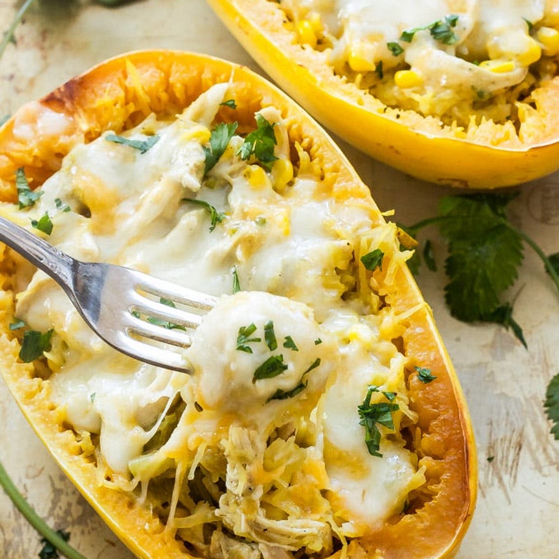Green Chile Chicken Enchilada Stuffed Spaghetti Squash