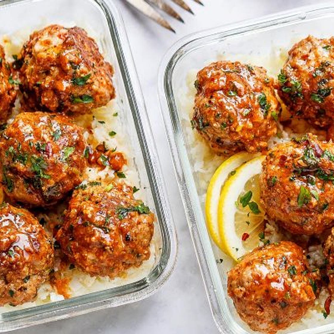 Meal Prep Garlic Butter Chicken Meatballs with Cauliflower Rice