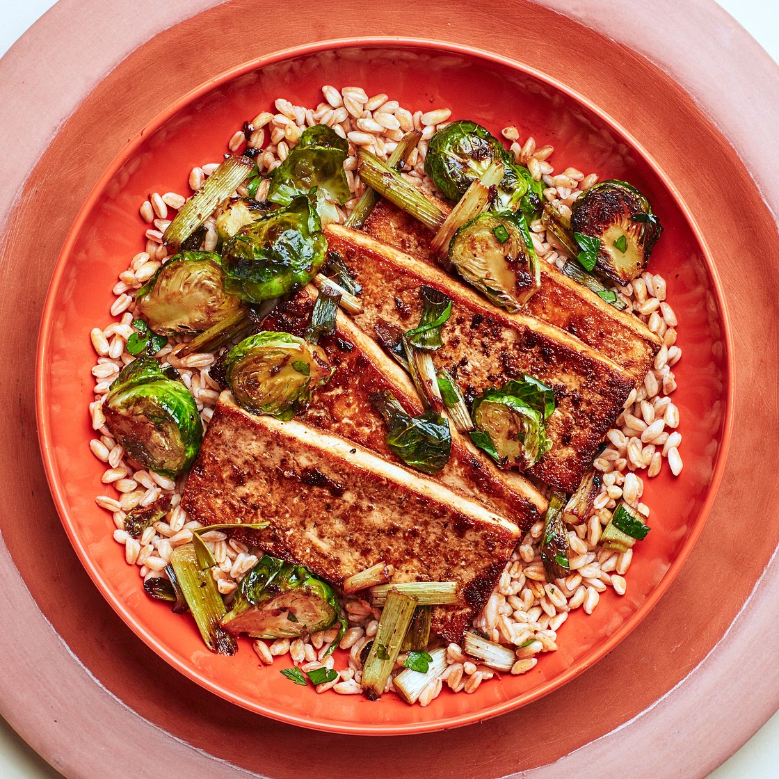 Marinated Tofu With Brussels Sprouts and Farro