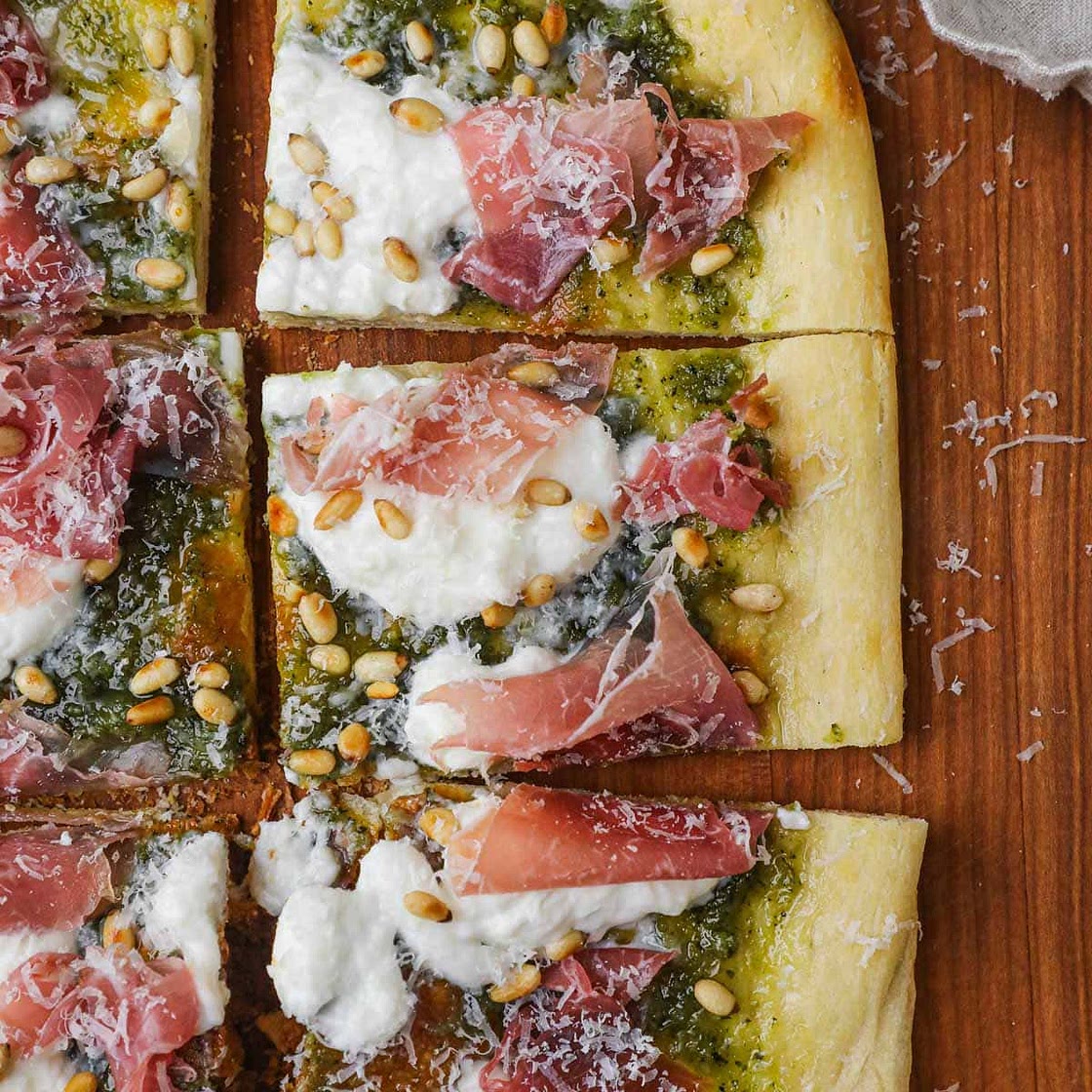Pesto, Burrata, and Prosciutto Pizza
