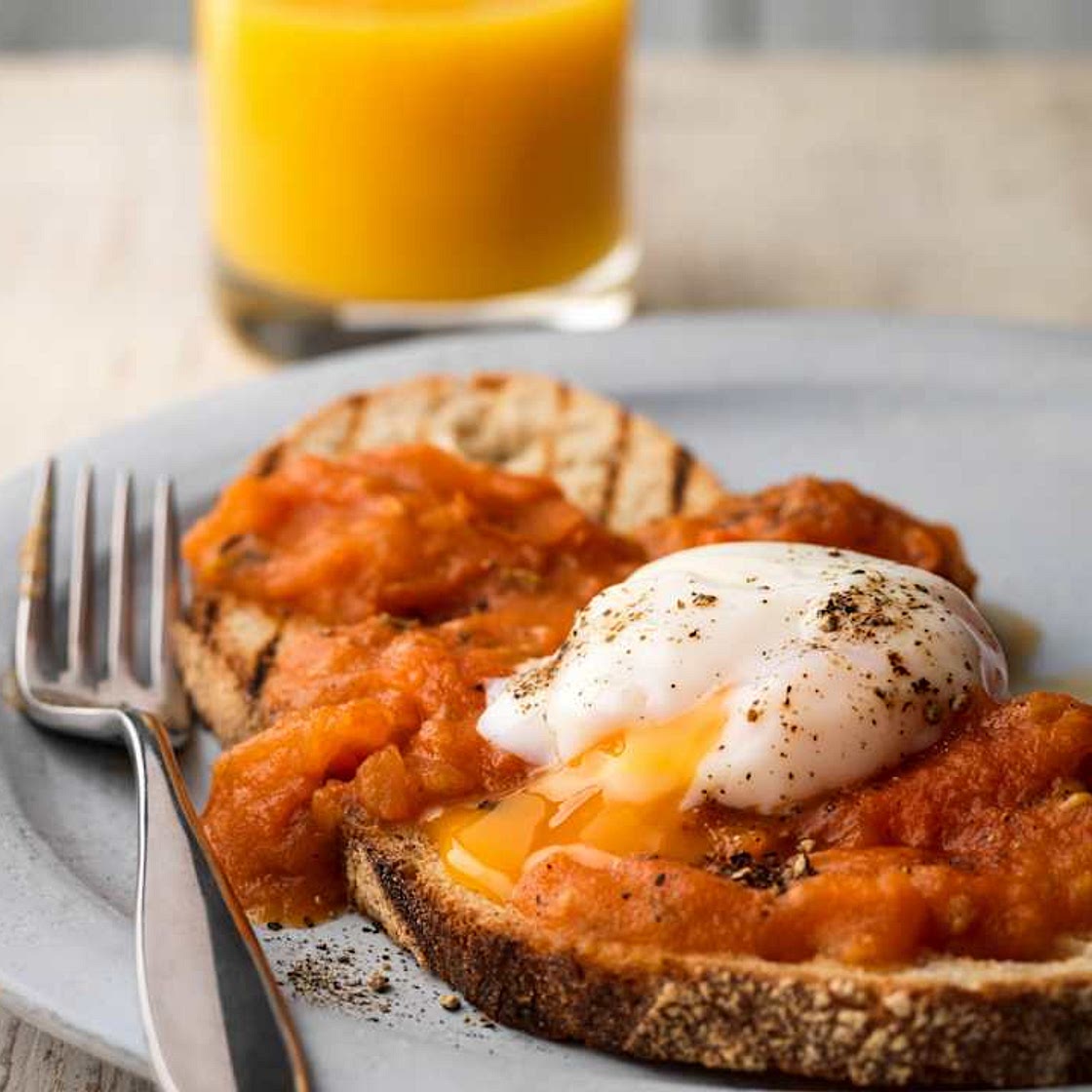 Smashed Plum Tomato Bruschetta with Poached Eggs